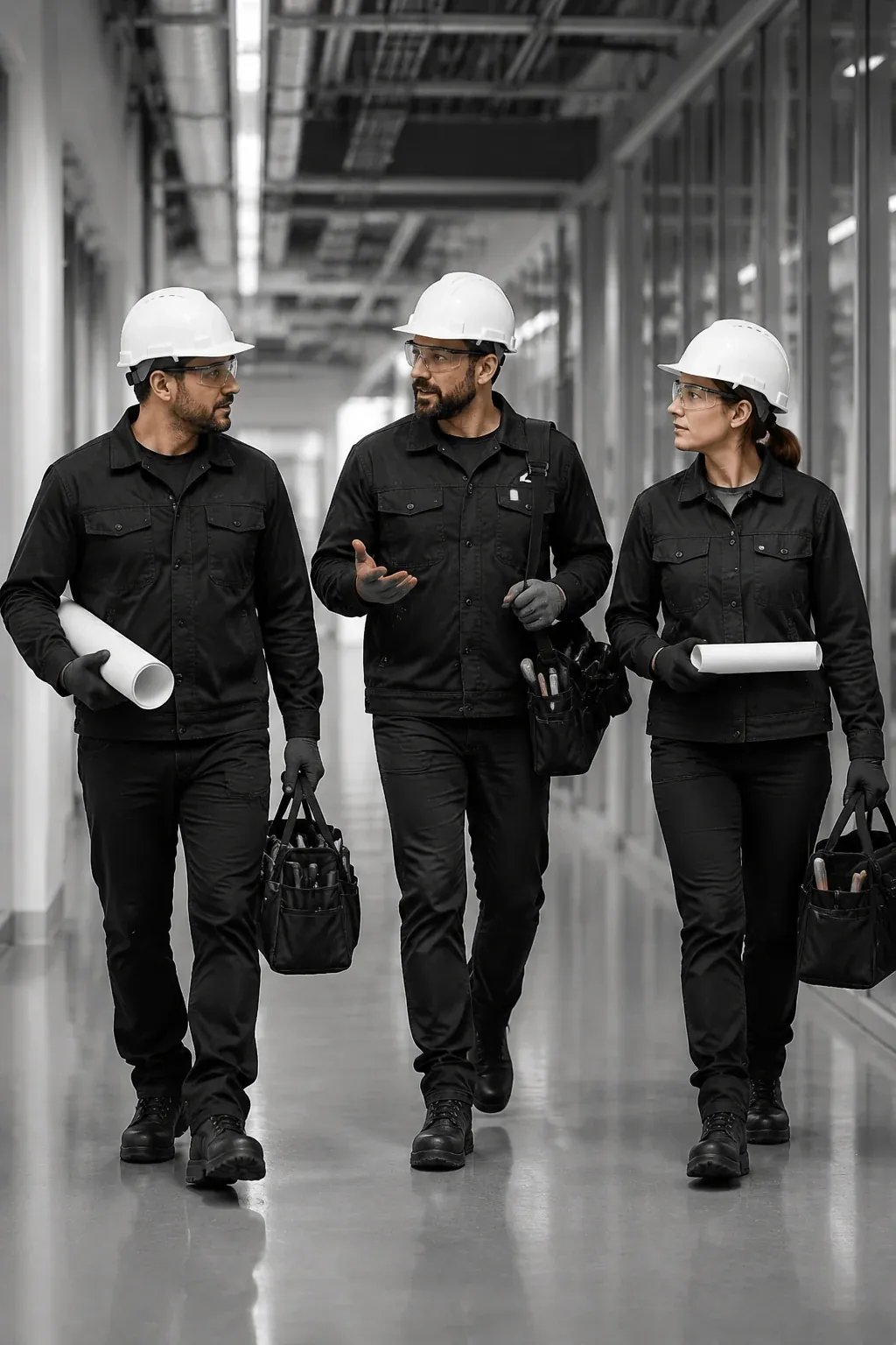 Commercial electrical team walking through an Indianapolis facility together
