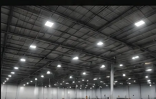 New LED lighting across a commercial warehouse ceiling