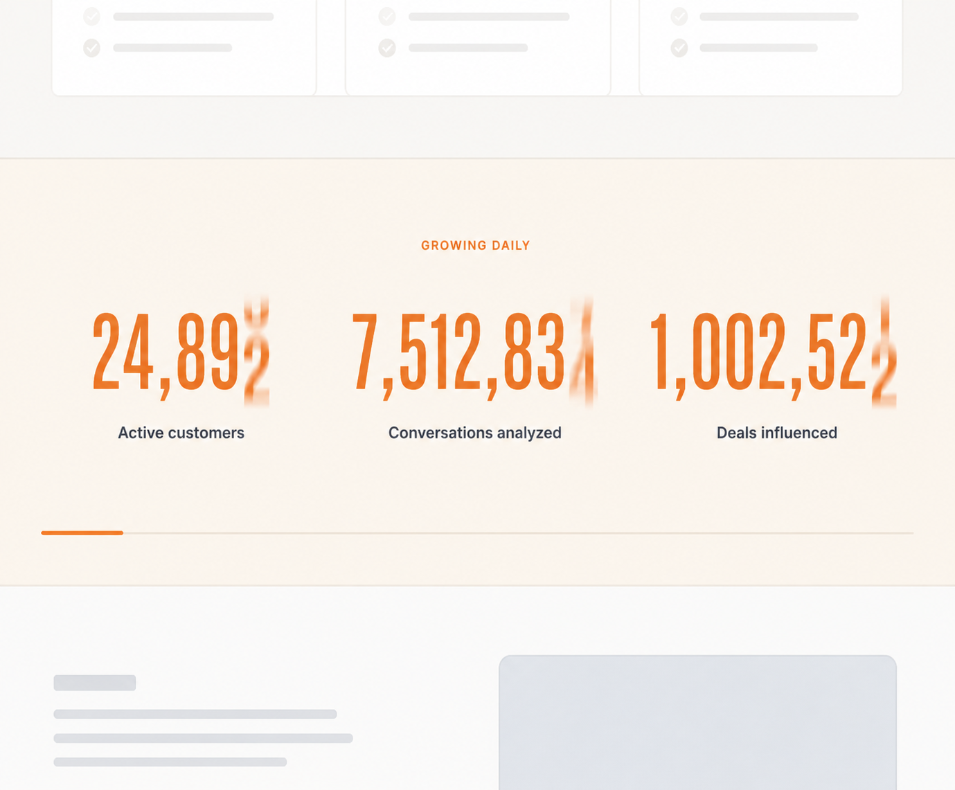 SaaS metrics, Counters mid-tick, momentum strip.