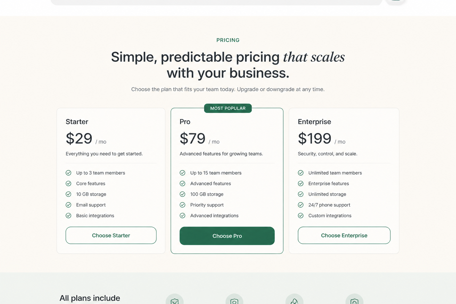 SaaS pricing, Classic 3-tier · Starter / Pro / Enterprise.