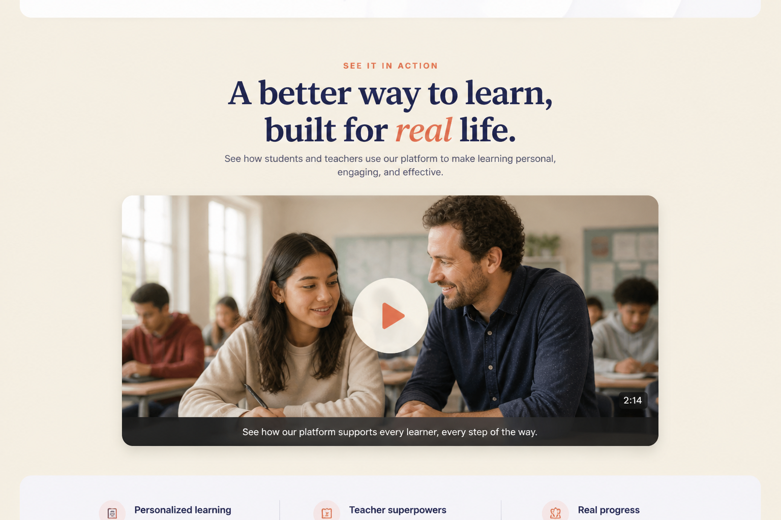 Edtech product, Video-led tour with play button.
