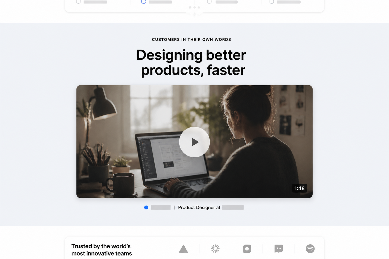 Design testimonials, Video case study with play overlay.