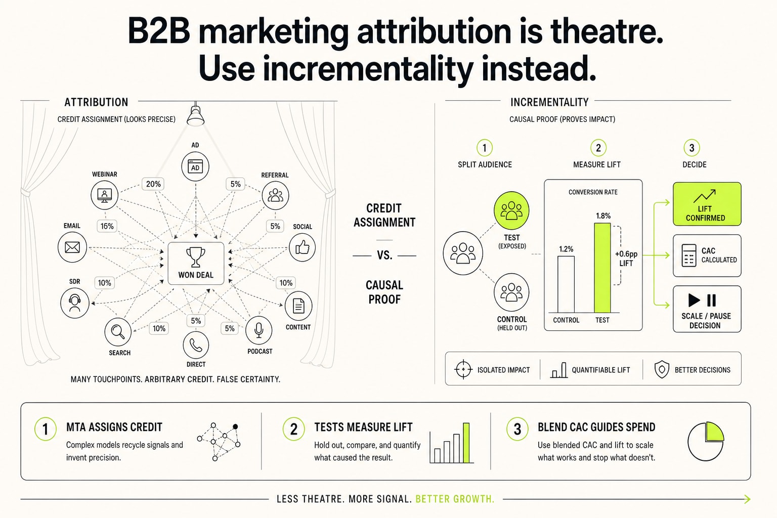 A spotlit marketing dashboard staged like a prop on a dark theatre stage.