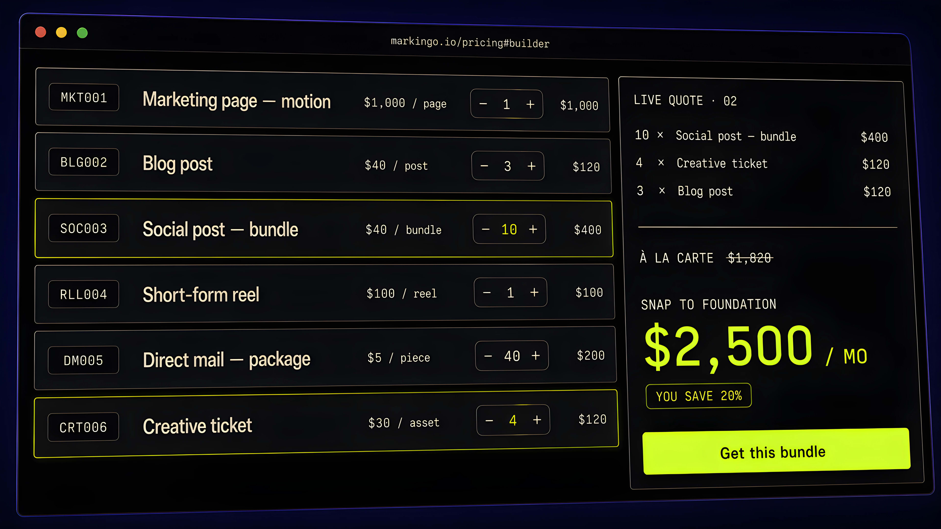 Configurator console with service catalogue and live quote sidebar.