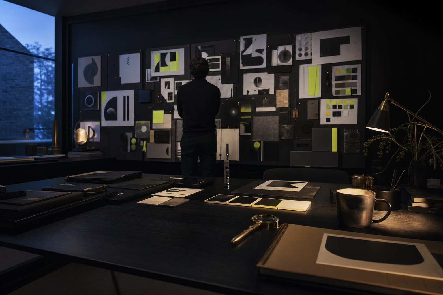 The studio at blue hour, designer at a wall of pinned variants, brand-system swatches in the foreground.