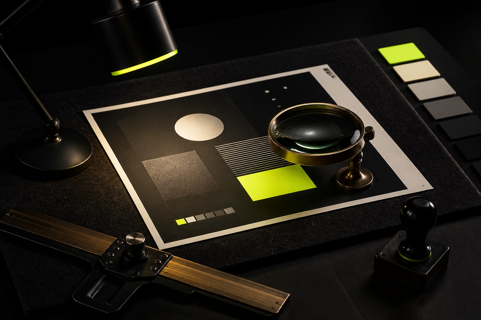 Design QA bench: brand-token swatches, type specimens, grid overlays under a precision loupe.
