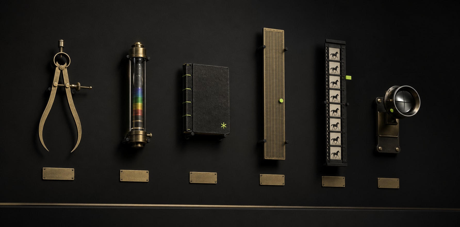 Six precision design instruments along a horizon, calipers, color spectroscope, type book, grid ruler, motion strip, print loupe.