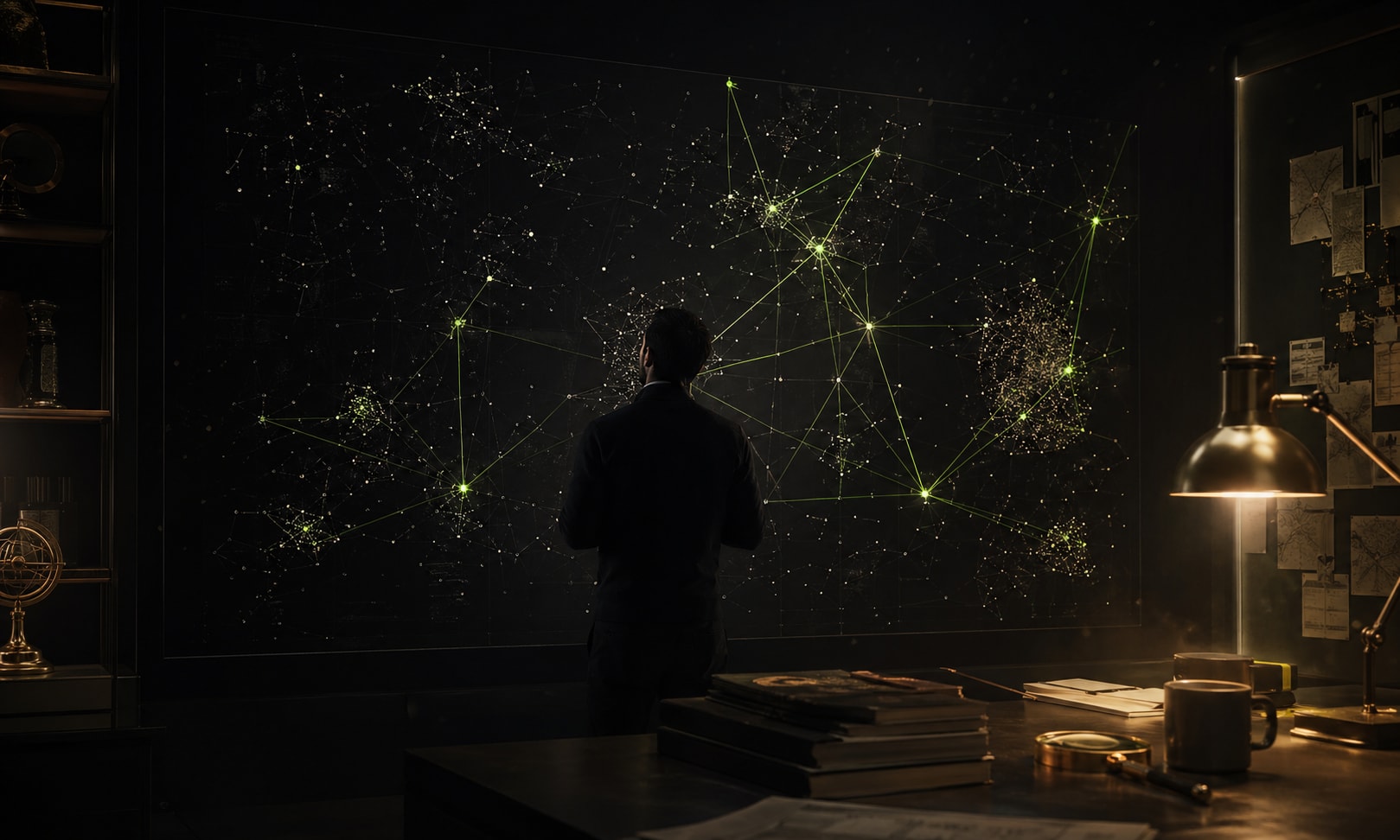 The night-shift lab: an analyst at a constellation map of company signals, dossiers stacked in the foreground.