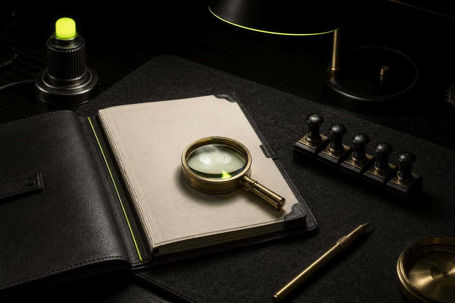 Manual QA bench: a single dossier laid out under a magnifying loupe with verification stamps and a status lamp.