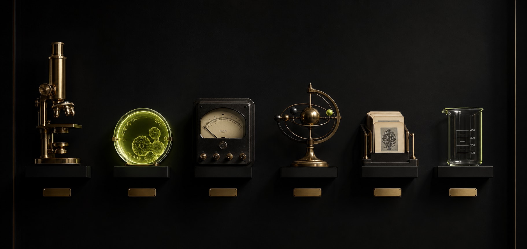 Six precision lab instruments along a horizon, accuracy, bounce, lift, refresh, score, list size.