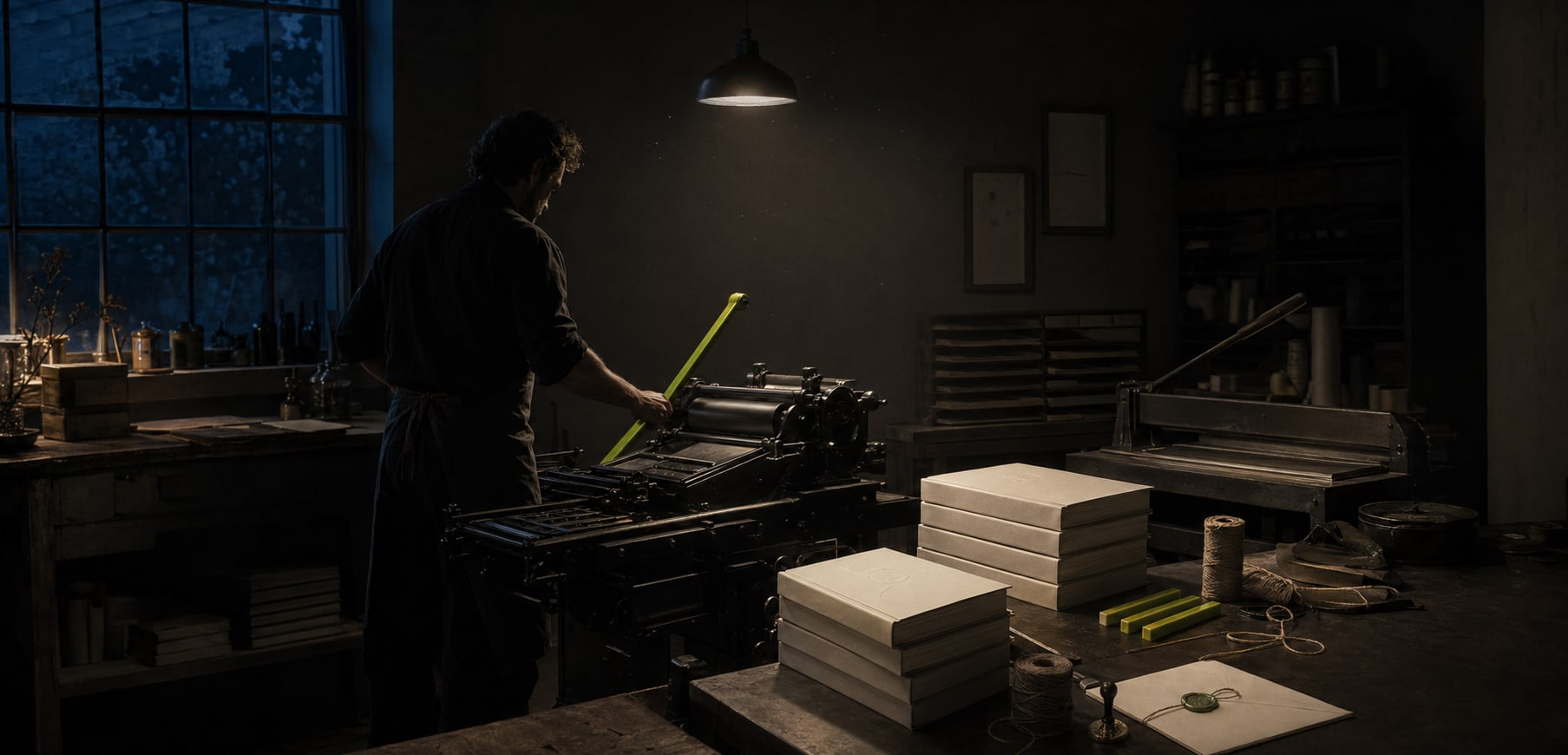 Inside the print atelier at blue hour, letterpress, paper stacks, binding bench.