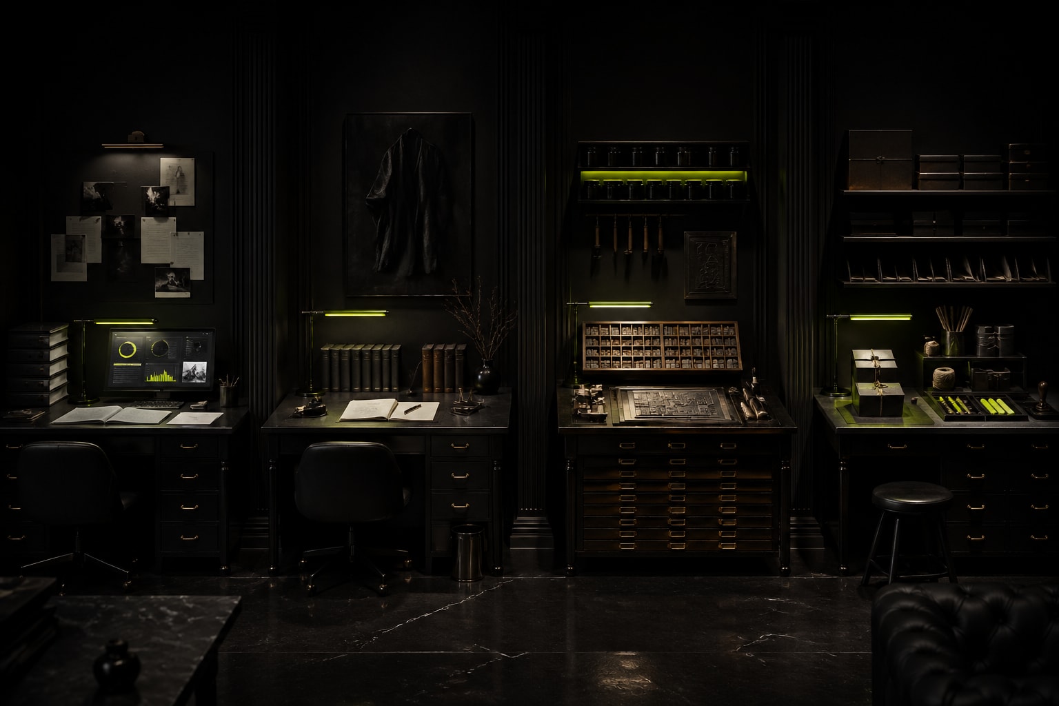 Four-desk ABM atelier: research, write, print, deliver.