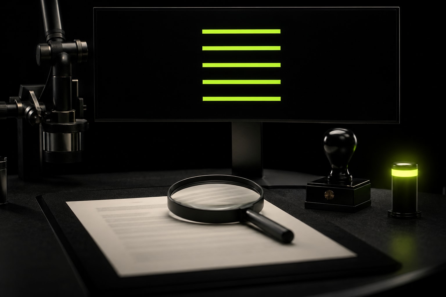 Pre-send inspection: a deliverability monitor with green-bar inbox-placement readouts and a copy proof under a loupe.