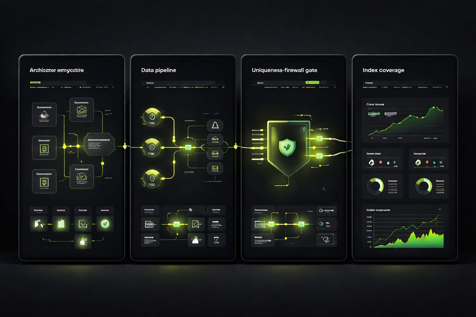 Four-station programmatic-SEO console: template, data, firewall, index ops.