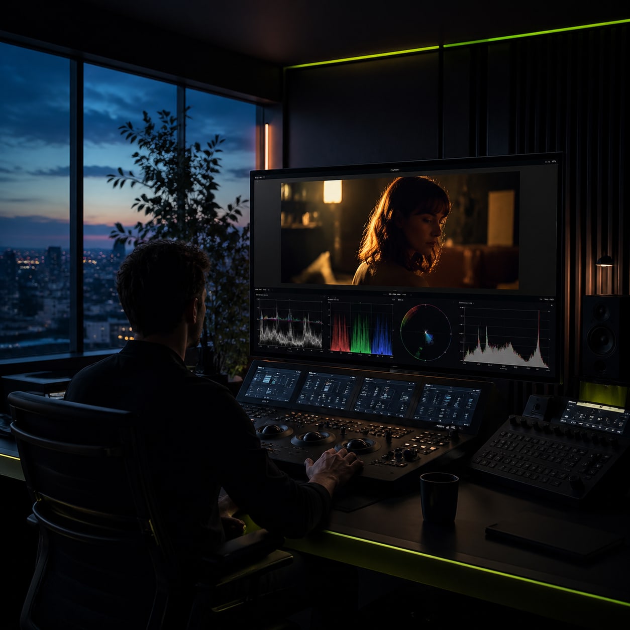 Editor's color grading suite, DaVinci Resolve scopes, large monitor, blue-hour light.