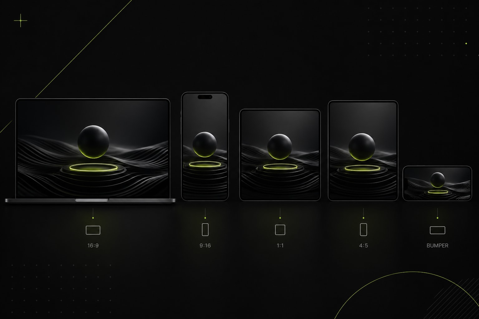 Five device frames showing the same shot composed for each native format.