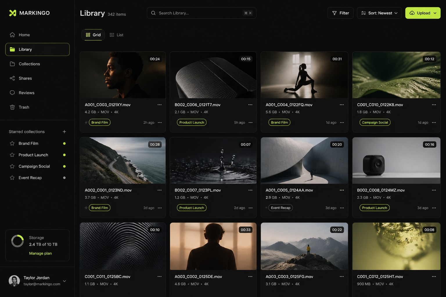 Frame.io footage library with tagged clips and metadata grid.