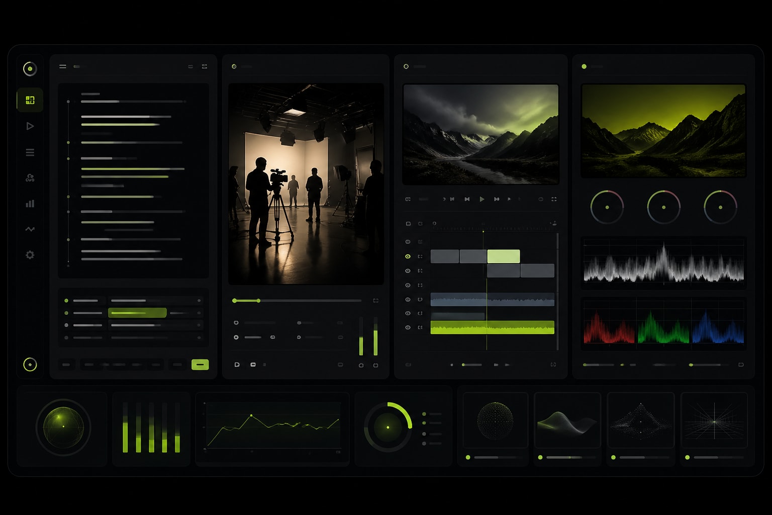 Four-station production console: script, shoot, edit, post.