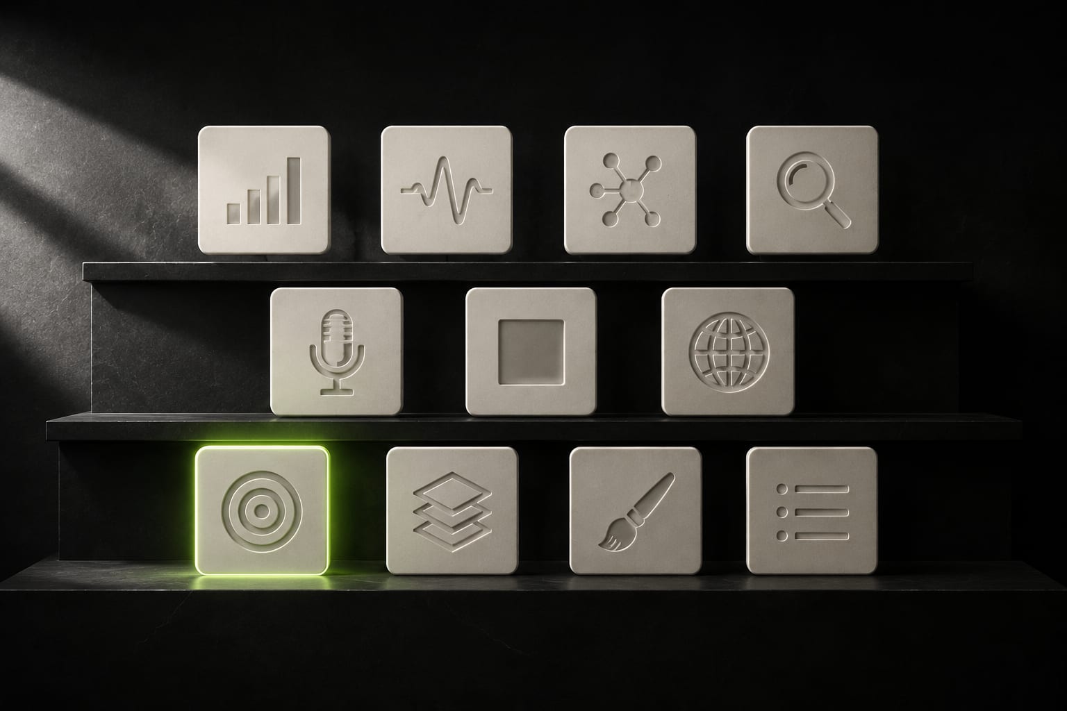 A museum-quality obsidian shelf displaying eleven small floating cream-colored cards arranged in a grid, each card a different abstract glyph for one of the eleven tools, with one card glowing in signal-lime to indicate the Citation Checker is live.