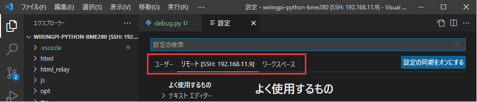 ユーザー、リモート[SSH: 192.168.11.9]、ワークスペース