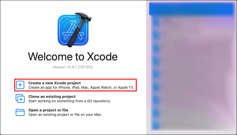 Create a new Xcode project クリック