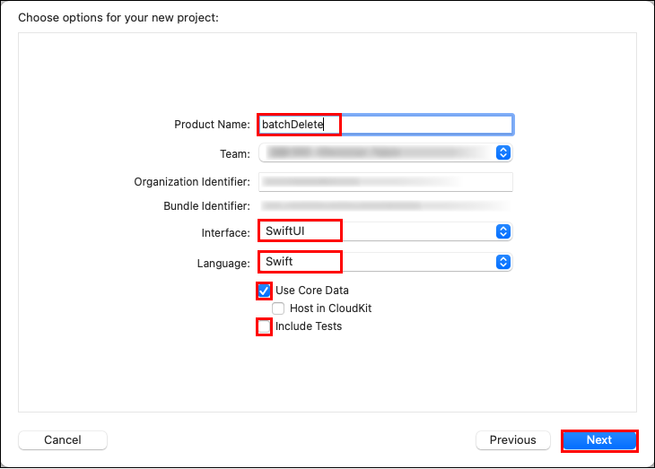 Use Core Data チェック Next クリック