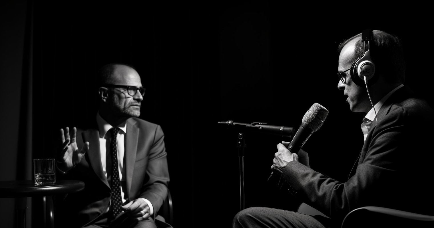 a photorealitic photograph of Joe Dispenza talking to Andrew Huberman, each speaking into a microphone