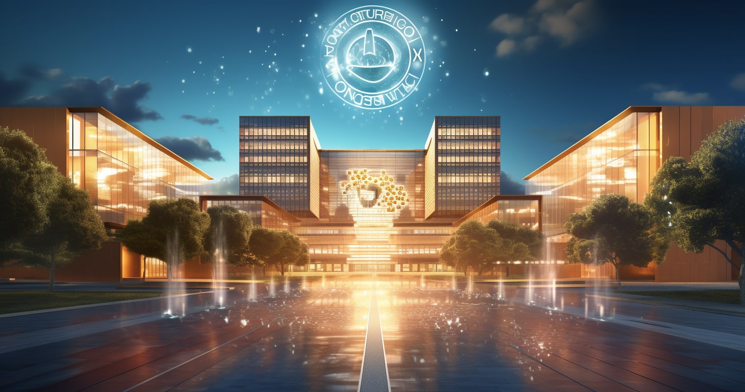 a university has a blockchain running through it, crypto currency logos across the buildings, in the style of Yoshiyuki Tomino