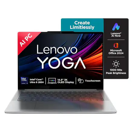 Lenovo Yoga Pro 7 Aura Edition Intel Evo Core Ultra 9 285H (32GB RAM/1TB SSD/14.5" (36.8cm)/3K OLED Touchscreen/AI PC/Copilot+ PC/Windows 11/Office Home 2024 AI Now/Grey/1.5Kg), 83KF004CIN