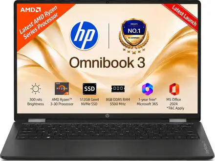 HP OmniBook 3 14 inch Laptop PC, FHD Display, 300 NIts, AMD Ryzen 3 30, 8 GB DDDR5 RAM, 512 GB Gen4 NVMe SSD, AMD Radeon 610M Graphics, Win11, M365* Office24, Iron Gray, 14-hy0030AU