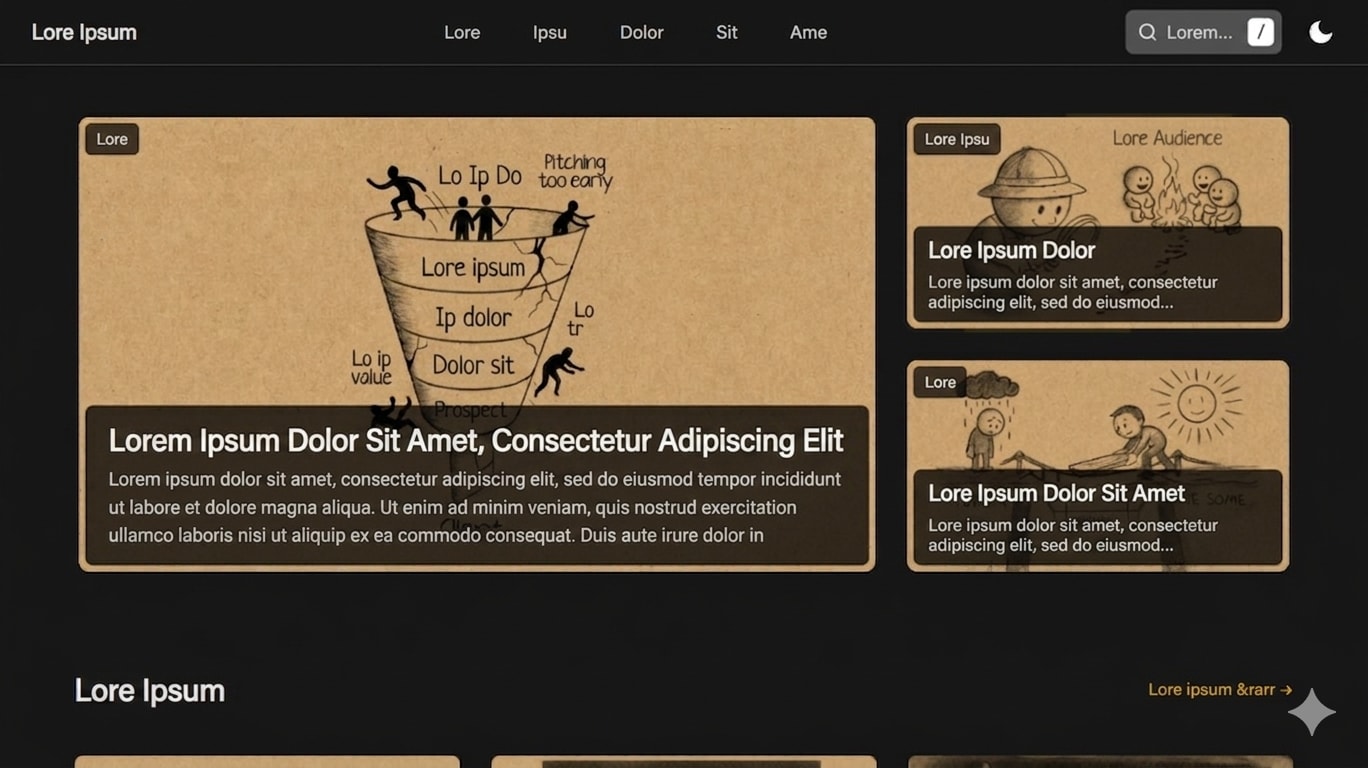 A website homepage interface featuring a dark background and a minimalist design layout.