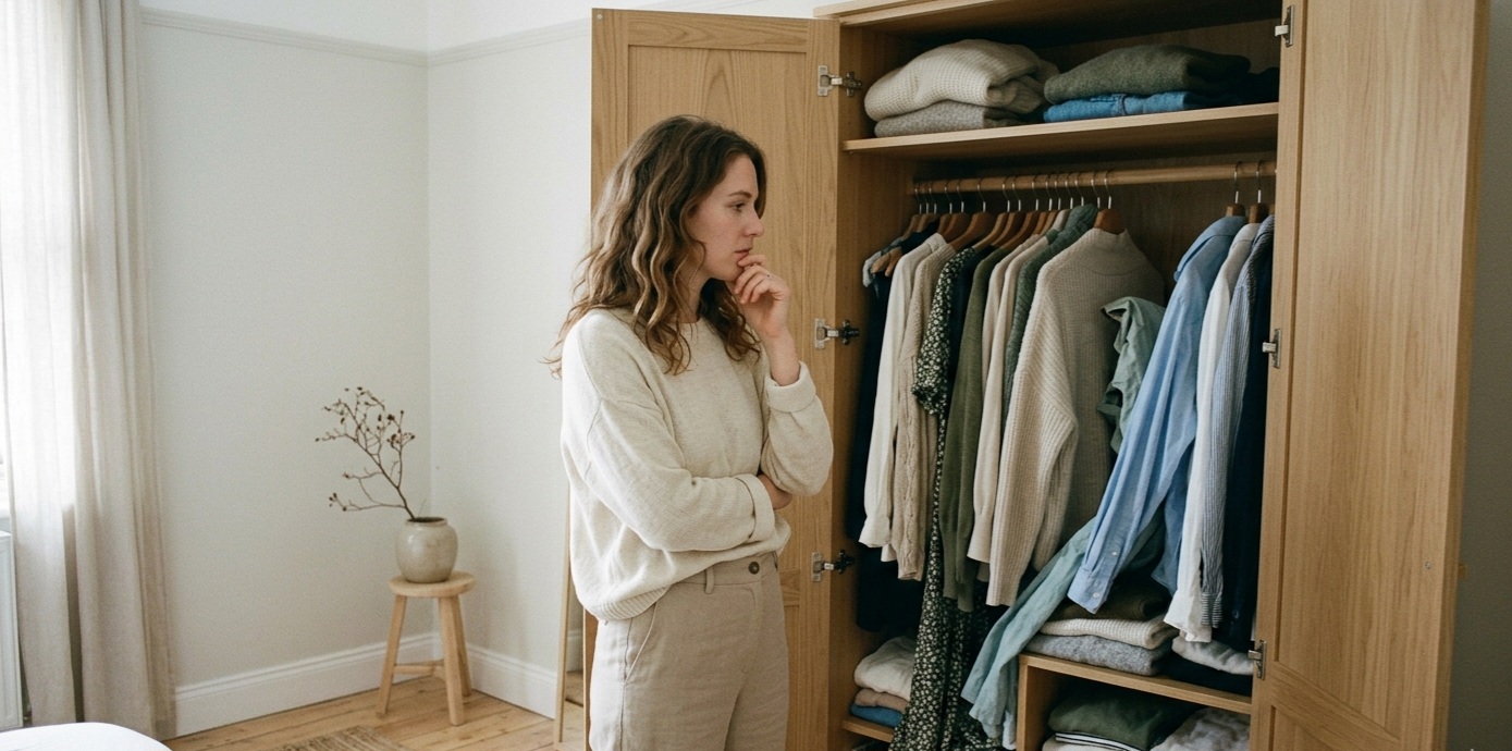 woman confused in wardrobe learning styling body shape clarity