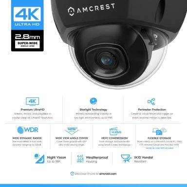 Amcrest UltraHD 4K (8MP) Outdoor Security POE IP Dome Camera, 98ft NightVision, 2.8mm Lens, IP67 Wea