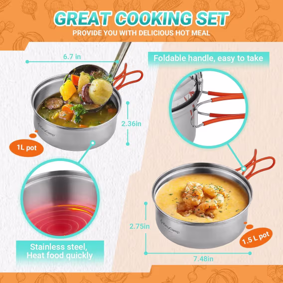 King Camp 17/25 adet Paslanmaz Çelik Kamp Tencere Seti