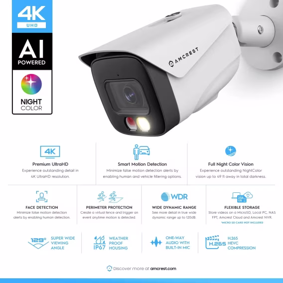 Amcrest UltraHD 4K (8MP) IP PoE AI 15fps Kamera Siyah