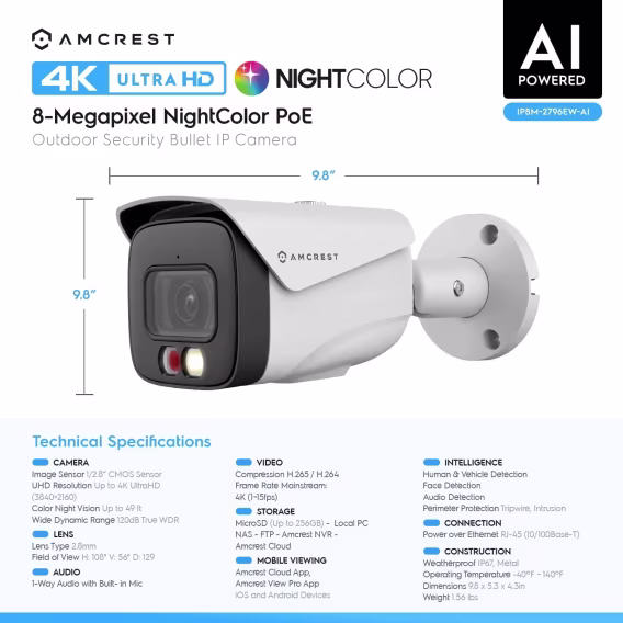 Amcrest UltraHD 4K (8MP) IP PoE AI 15fps Kamera Siyah