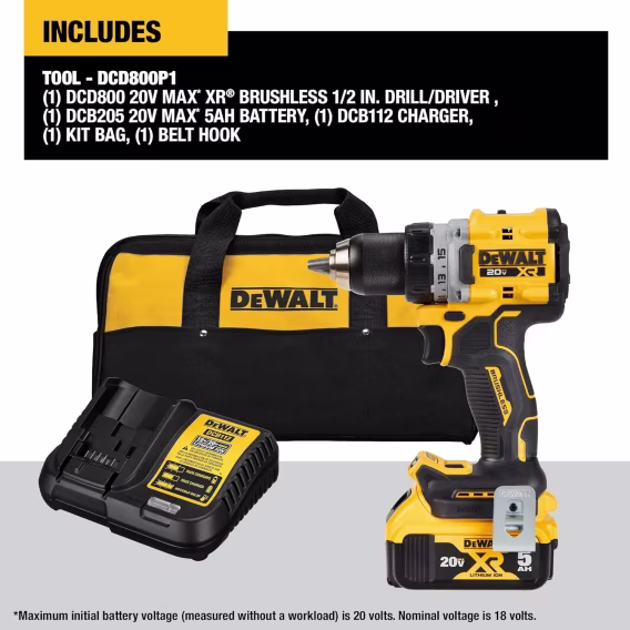 DEWALT 20V MAX* XR® Fırçasız Kablosuz 1/2 inç Matkap/Sürücü Kiti (DCD800P1)