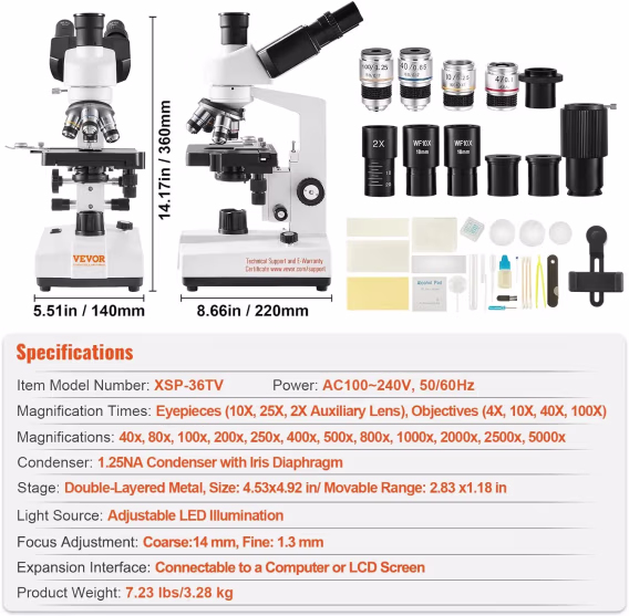 VEVOR 40X5000X Trinoküler Bileşik Mikroskop 