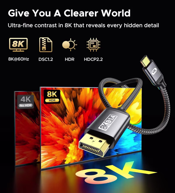 Warrky USB C  DisplayPort 1.4 Kablosu 1.82 M