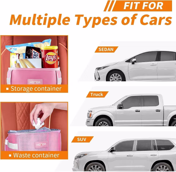 HOTOR Kapaklı ve Saklama Cepli Araç Çöp Kovası