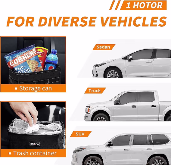 HOTOR Kapaklı ve Saklama Cepli Araç Çöp Kovası