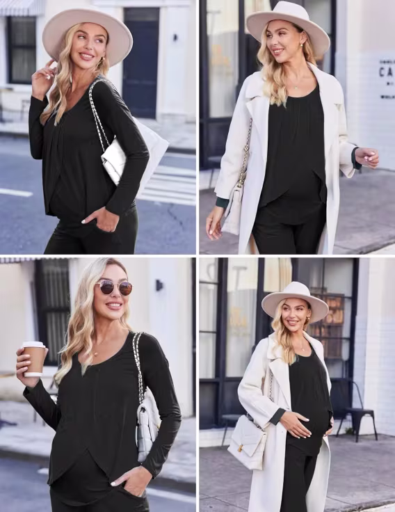 Ekouaer Hamile Emzirme Pijama Takımı (Siyah)