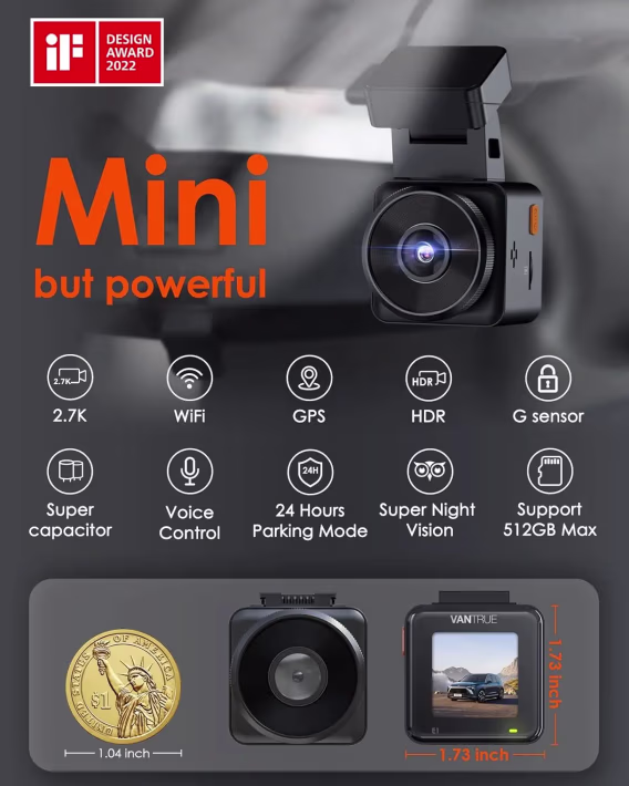 Vantrue E1 Lite 1080P GPS ve Hız Özellikli WiFi Mini Araç Kamerası