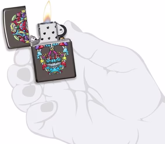 Zippo Çakmak  Mat Siyah Işık Mantar Kafatası