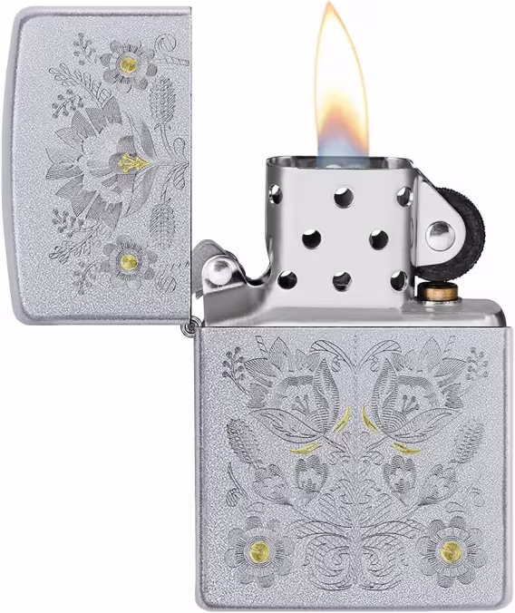Zippo Çiçek Çakmak  Saten Krom Boyalı Çiçek