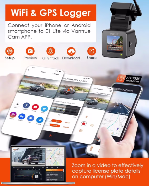 Vantrue E1 Lite 1080P GPS ve Hız Özellikli WiFi Mini Araç Kamerası