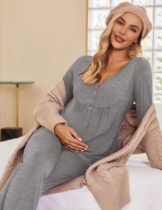 Ekouaer Hamile Pijama Takımı (Heather Gri)