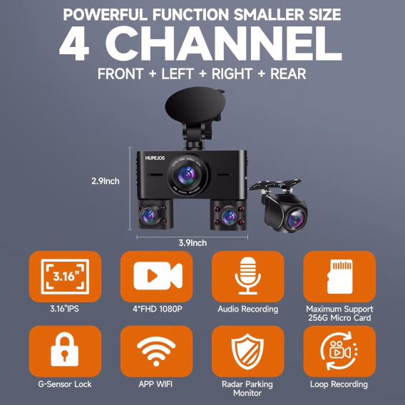 HUPEJOS V7 4 Kanal 360° Dörtlü Araba Kamerası (FHD 1080P)