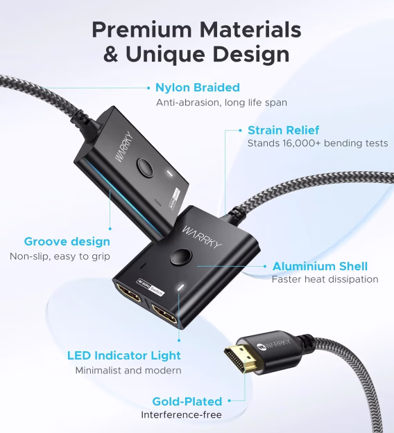 WARRKY 3,3 ft Sabit Örgülü HDMI Kablolu HDMI Anahtarı  2'si 1 Arada