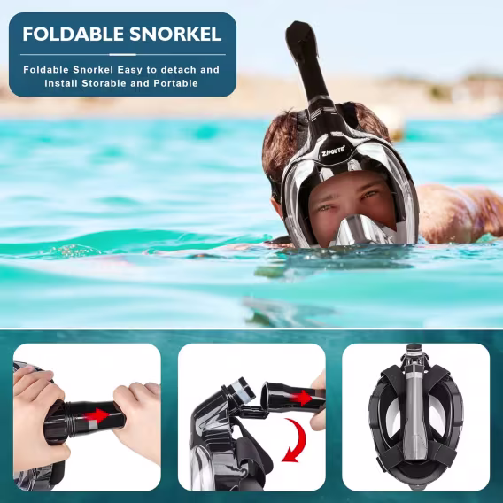 ZIPOUTE Tam Yüz Şnorkel Maskesi ve Çıkarılabilir Kamera Montajlı 